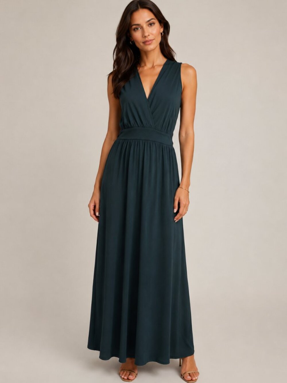 Sleeveless Deep V Maxi Dress in Forest Green
